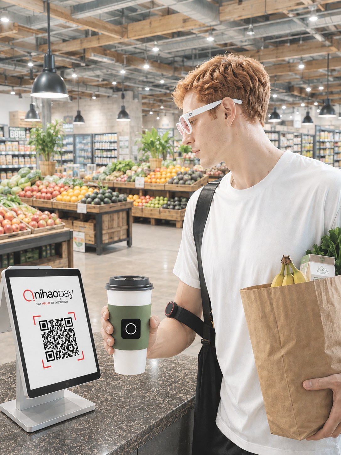 戴着 Razzhood 在超市收银台前，看一眼 Nihao Pay 的二维码完成付款